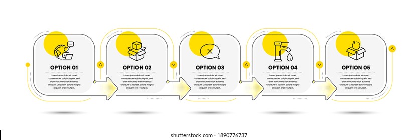 Tap water, Return package and Reject line icons set. Timeline process flowchart. Packing boxes sign. Faucet, Exchange goods, Delete message. Delivery package. Technology set. Vector