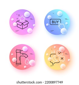 Tap water, Sleep and Buy button minimal line icons. 3d spheres or balls buttons. Loyalty program icons. For web, application, printing. Faucet, Night chat, Online shopping. Bonus star. Vector