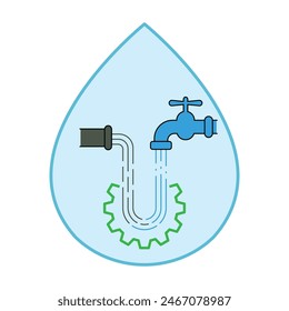 Tap water and wastewater flow together into one stream continually with gearwheel icon in water drop frame. Wastewater reuse concept vector illustration.