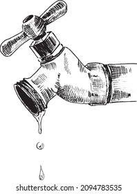 Tap from which water is dripping. Hand-drawn sketch. Black and white vector illustration.