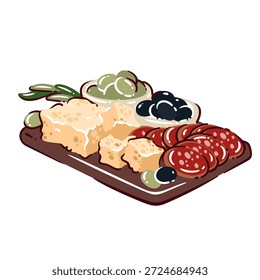 Tablero de aperitivo de tapas con chorizo en rodajas, cubitos de queso, aceitunas, trozos de pan y hierbas en bandeja de madera, estilo de doodle de dibujos animados simple. Tapas saladas, comida, ilustración de bandeja de aperitivos. Ilustración vectorial.