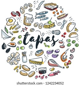 Tapas and appetizers hand drawn circular design