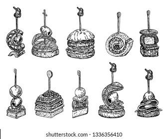 Tapas and canape image set. food hand drawn sketch vector illustration. Finger food, set of tiny canape on skewers. Mini sandwiches with croutons, olives, cheese, tomatoes.  Canape sketch set.