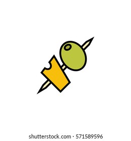 Tapas flat line icon. Olive and cheese on chopstick 