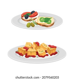 Tapas with Sauce and Sandwich with Cheese and Olive as Spanish Cuisine Dish Vector Set