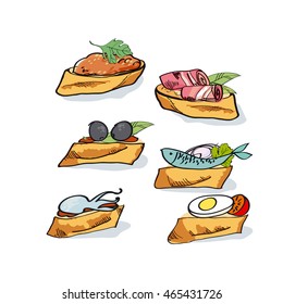 tapas sketch vector illustration. fast food meal concept. snacks on the bread. meat, fish and vegetable canape, little piece of  baguette