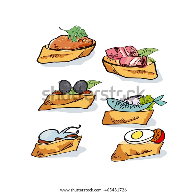 タパスのスケッチベクターイラスト ファストフードのコンセプト パンのお菓子 肉 魚と野菜のキャナップ 小さなバゲット のベクター画像素材 ロイヤリティ フリー