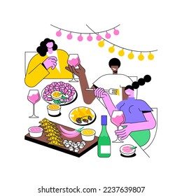 Tapas and snacks isolated cartoon vector illustrations. Group of smiling people drinking wine together, clinking glasses, snacks on the table, leisure time with friends vector cartoon.