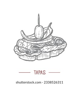 Tapas. Traditional Spanish Food in Hand Drawn Style for Surface Design Fliers Banners Prints Posters Cards Menu. Vector Illustration