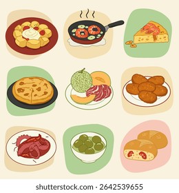 Tapas vector with Spanish cuisine, and food illustration.