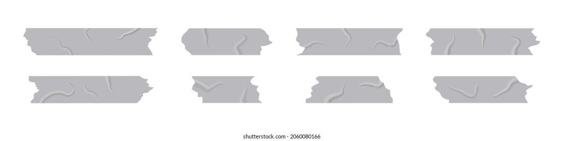 Tape Adhesive. Silver Scotch. Torn Sticky Tape With Duct. Realistic Adhesive Strip For Paper, Plastic And Packaging. Set Of Piece Of Gray Labels For Masking Isolated On White Background. Vector.