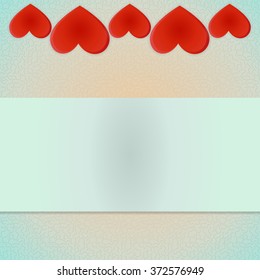 The tape of alternating large and small charming little bright red hearts with the volume and shadow on a light blue retro background hanging from the top with space for text.