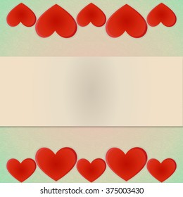 The tape of alternating large and small charming little bright red hearts with the volume and shadow on a light blue retro background top and bottom with space for text.