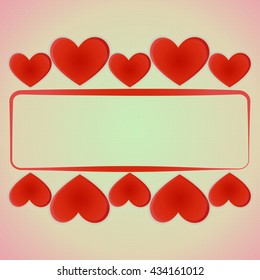 The tape of alternating large and small charming little bright red hearts with the volume and shadow on a light blue retro background top and bottom with space for text.