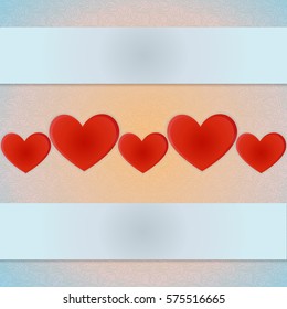 The tape of alternating large and small charming little bright red hearts with the volume and shadow on a light blue retro background in the center with space for text.