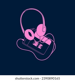 Reproductor de audio de cinta con auriculares. Grabadora de música antigua de cassette. Equipo musical retro. Dispositivo mixtape, gadget. Tecnología inalámbrica estéreo vintage. Ilustración vectorial aislada monocromática