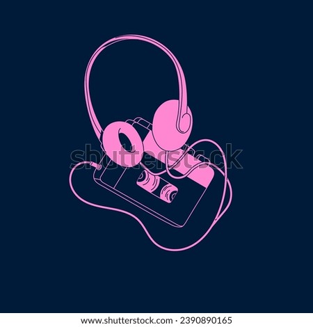 Tape audio player with headphones. Old cassette music recorder. Retro musical equipment. Mixtape device, gadget. Vintage wireless stereo technology. Monochrome flat isolated vector illustration