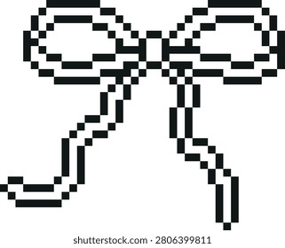 Tape bow black and white pixel art icon. Vintage pixelated outline laces or rope knot coquette style. Retro 8 bit video game vector design element. Holiday bitmap decoration. Girly decorative ornament