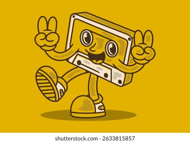 Tape cassette mascot character illustration in happy expression, hands forming peace symbol. Yellow background