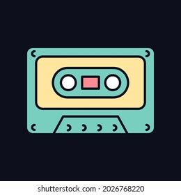 Tape cassette RGB color icon for dark theme. Music storage. Vintage technology. Collecting audiotapes. Isolated vector illustration on night mode background. Simple filled line drawing on black