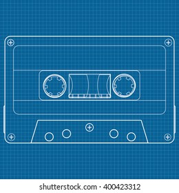 Tape cassette. Vector illustration on blueprint background