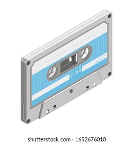 Cinta, ilustración isométrica vectorial. Cinta retro gris con etiqueta azul