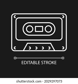 Tape cassette white linear icon for dark theme. Music and sounds storage. Vintage technology. Thin line customizable illustration. Isolated vector contour symbol for night mode. Editable stroke
