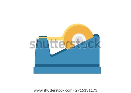 Tape dispenser holder in blue. Desktop adhesive tape cutter with orange roll. Office stationery organizer for sticky tape. Workplace supply equipment. Vector illustration isolated on white