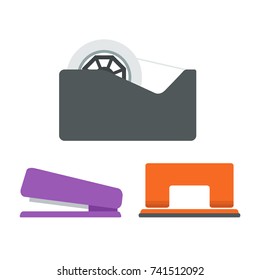 Tape Dispenser, Staple and Punch Paper for School and Business. Vector Flat Design Illustration