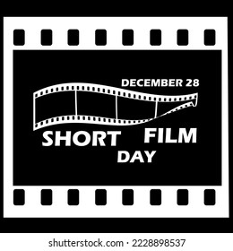 Tape film icon with bold text in tape film frame isolated on black background to commemorate Short Film Day on December 28