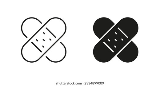 Tape for First Aid, Medical Plaster Line and Silhouette Black Icon Set. Adhesive Band for Emergency Symbol Collection. Sticky Bandage for Wound Recovery Pictogram. Isolated Vector Illustration.