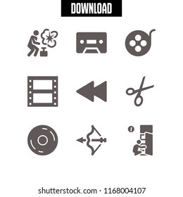 tape icon. 9 tape vector set. film roll, record button, rewind and open scissors icons for web and design about tape theme