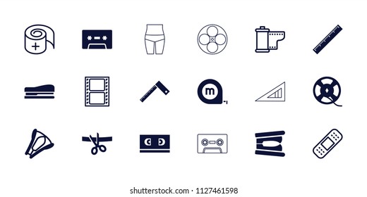 Tape icon. collection of 18 tape filled and outline icons such as stapler, scissors and ribbon, bandage, ruler, cassette. editable tape icons for web and mobile.