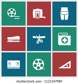 Tape icon. collection of 9 tape filled icons such as scissors and ribbon, triangle ruler, waist fitness, bandage. editable tape icons for web and mobile.
