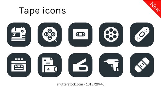 tape icon set. 10 filled tape icons.  Simple modern icons about  - Sewing, Film reel, Vhs, Plaster, Recorder, Stationery, Stapler, Caulk gun, Bandage
