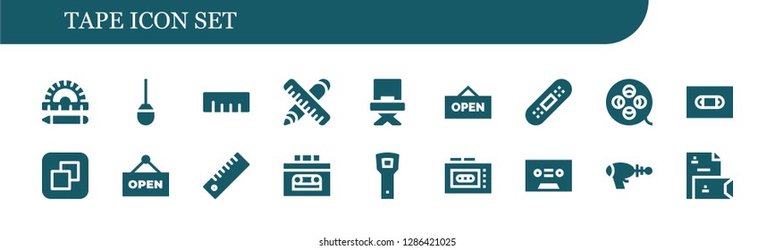  tape icon set. 18 filled tape icons. Simple modern icons about  - Ruler, Awl, Director, Open, Bandage, Film reel, Vhs, Size, Recorder, Opener, Tape, Blaster, Stationery
