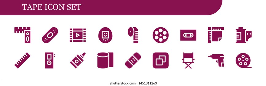 tape icon set. 18 filled tape icons.  Collection Of - Rulers, Plaster, Film roll, Tamagotchi, Measuring tape, Film reel, Vhs, Ruler, Recorder, Glue, Bandages, Bandage, Size, Director