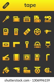 tape icon set. 26 filled tape icons.  Simple modern icons about  - Awl, Bandage, Gauze, Recorder, Stationery, Sewing, Film reel, Blaster, Vhs, Ruler, Opener, Director, Stapler