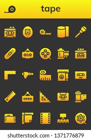 tape icon set. 26 filled tape icons.  Collection Of - Recorder, Tape measure, Tamagotchi, Measuring Bandages, Awl, Bandage, Open, Film reel, Reel, Ruler, Blaster, Cassette