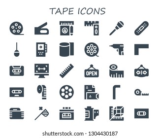 tape icon set. 30 filled tape icons.  Collection Of - Film roll, Stapler, Ruler, Rulers, Awl, Bandage, Recorder, Bandages, Caulk gun, Cassette, Size, Open, Measuring tape,