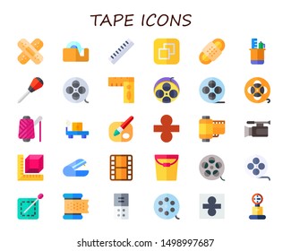 tape icon set. 30 flat tape icons.  Collection Of - band aid, ruler, size, bandage, stationery, awl, film reel, rulers, film roll, spool, weight scale, paint, divide, recorder