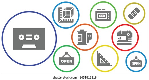 tape icon set. 9 filled tape icons.  Collection Of - Tape, Measure, Recorder, Open, Ruler, Film roll, Sewing, Bandage