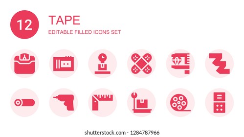 tape icon set. Collection of 12 filled tape icons included Weight, Cassette, Bandage, Measurement, Roll, Caulk gun, Ruler, Film reel, Measuring tape, Voice recorder