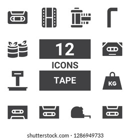 tape icon set. Collection of 12 filled tape icons included Cassette, Measuring tape, Weight, Cinema, Allen keys, Rolls, Vhs, Film strip