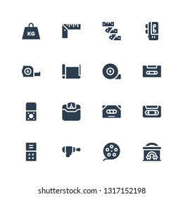 tape icon set. Collection of 16 filled tape icons included Cinema, Film reel, Blaster, Voice recorder, Vhs, Cassette, Weight, Recorder, Measuring tape, Paper roll, Ruler