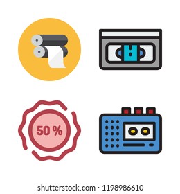 tape icon set. vector set about vhs, paper roll, walkman and sticker icons set.