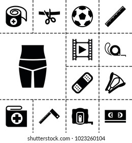 Tape icons. set of 13 editable filled tape icons such as bandage, stapler, scissors and ribbon, ruler