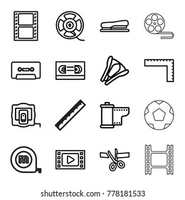 Tape icons. set of 16 editable outline tape icons such as ruler, cassette, stapler
