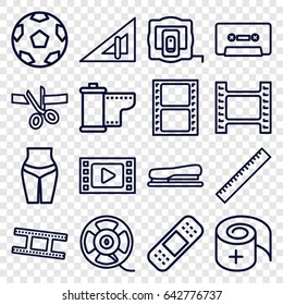 Tape icons set. set of 16 tape outline icons such as ruler, triangle ruler, bandage, cassette, stapler, scissors and ribbon