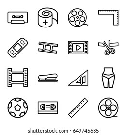 Tape icons set. set of 16 tape outline icons such as ruler, triangle ruler, bandage, cassette, stapler, scissors and ribbon